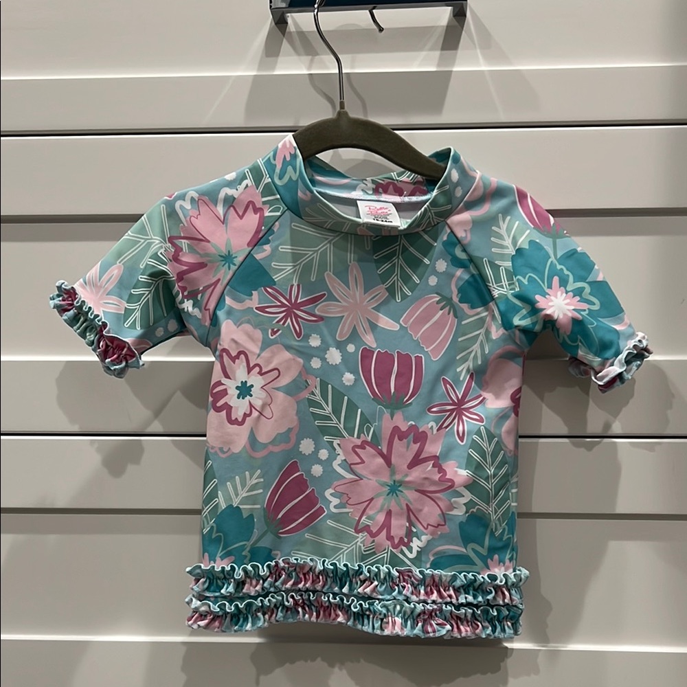 Ruffle Butts Pink and Blue Rashguard Two-Piece Swimsuit